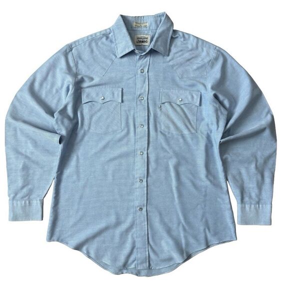 Vintage 70s 80s Levi’s Western Pearl Snap Shirt Men L Blue Long Sleeve White Tab - Picture 1 of 8